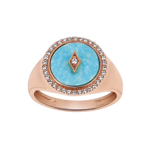 Bague - Diamants, turquoise, or rose.